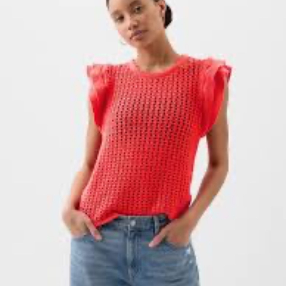 GAP Flutter sleeve woman coral open knit cotton cottagecore boho sweater XXL